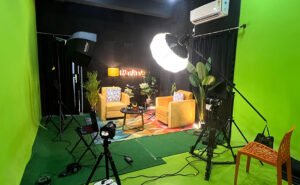 Podcast production setup with microphone and editing tools in only in GR8DESIGNS